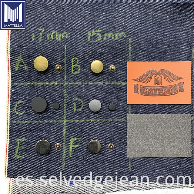 OEM personalizado disponible Selvedge Denim Butal Rivets Botones de cuero Patch Denim Jeans Chaquetas Accesorios